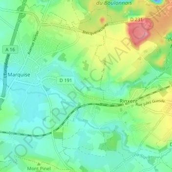 Mappa topografica Bouquinghem, altitudine, rilievo