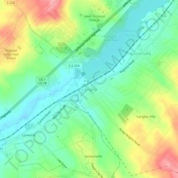 Mappa topografica Langley, altitudine, rilievo
