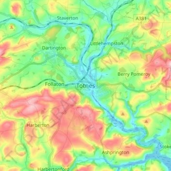 Mappa topografica Totnes, altitudine, rilievo