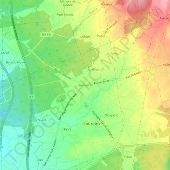 Mappa topografica Alumieira, altitudine, rilievo