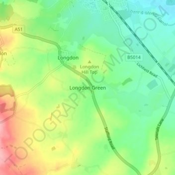 Mappa topografica Longdon Green, altitudine, rilievo
