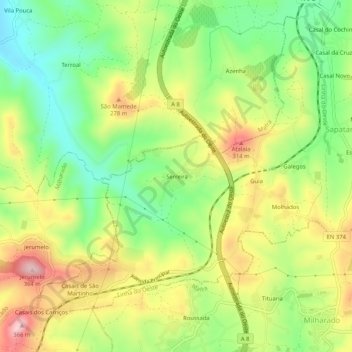 Mappa topografica Serreira, altitudine, rilievo