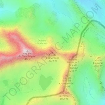Mappa topografica Pointe des Cirques, altitudine, rilievo