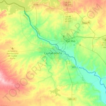 Mappa topografica Ciudad Acuña, altitudine, rilievo