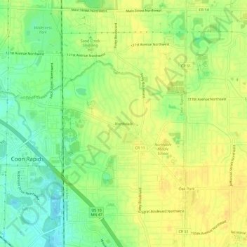 Mappa topografica Northdale, altitudine, rilievo
