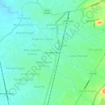 Mappa topografica Deorankar Nagar, altitudine, rilievo