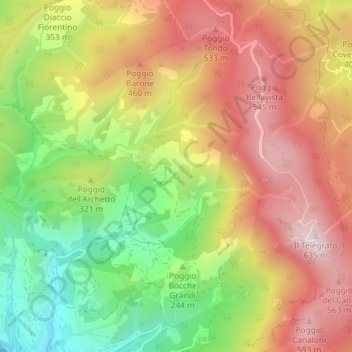Mappa topografica Fonte del Romito, altitudine, rilievo