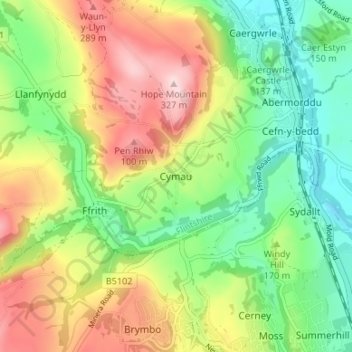 Mappa topografica Cymau, altitudine, rilievo