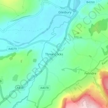 Mappa topografica Three Cocks, altitudine, rilievo