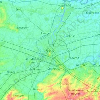 Mappa topografica Gand, altitudine, rilievo