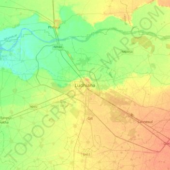 Mappa topografica Ludhiana, altitudine, rilievo