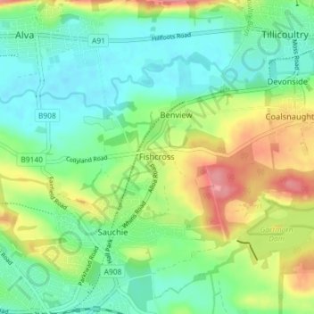 Mappa topografica Fishcross, altitudine, rilievo