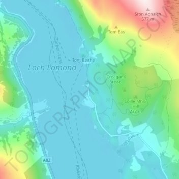 Mappa topografica Rowardennan, altitudine, rilievo