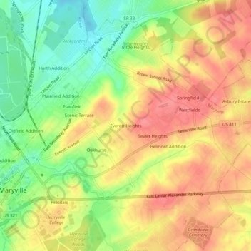Mappa topografica Everett Heights, altitudine, rilievo