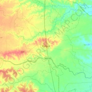 Mappa topografica Bolpur, altitudine, rilievo