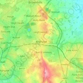 Mappa topografica Aldridge, altitudine, rilievo