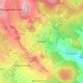 Mappa topografica Winkels, altitudine, rilievo