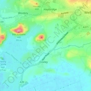 Mappa topografica Coxley Wick, altitudine, rilievo