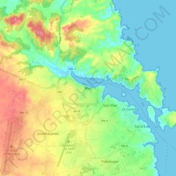 Mappa topografica Maó / Mahón, altitudine, rilievo