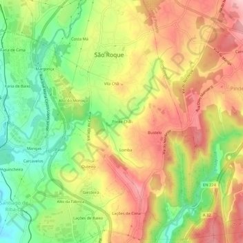 Mappa topografica Fonte Chã, altitudine, rilievo