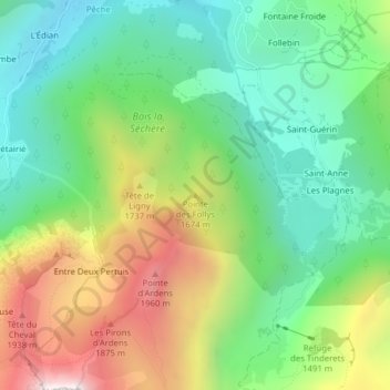 Mappa topografica Pointe des Follys, altitudine, rilievo