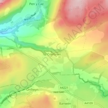 Mappa topografica Coelbren, altitudine, rilievo