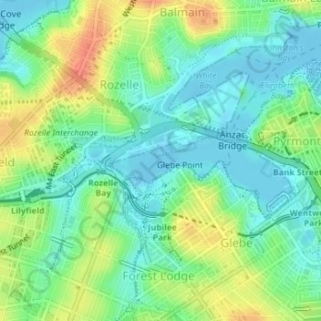 Mappa topografica Rozelle Bay, altitudine, rilievo