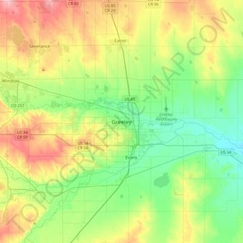 Mappa topografica Greeley, altitudine, rilievo