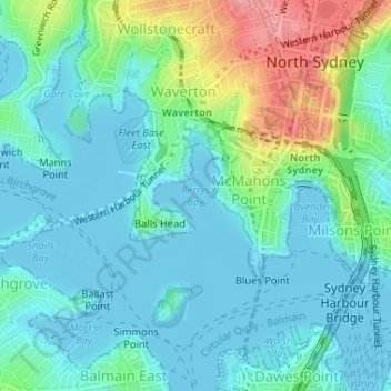 Mappa topografica Berrys Bay, altitudine, rilievo