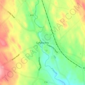 Mappa topografica Cullybackey, altitudine, rilievo