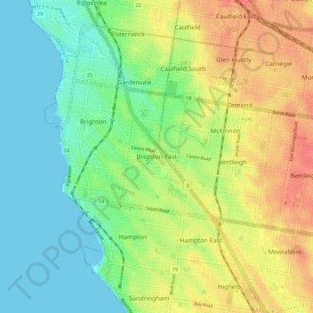 Mappa topografica Brighton East, altitudine, rilievo