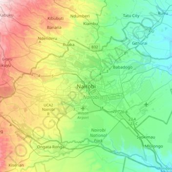 Mappa topografica Nairobi, altitudine, rilievo