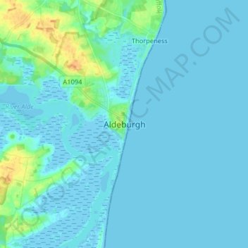 Mappa topografica Aldeburgh, altitudine, rilievo