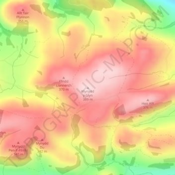 Mappa topografica Powys, altitudine, rilievo