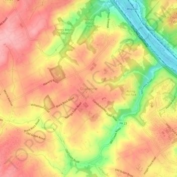 Mappa topografica Gladwyne, altitudine, rilievo
