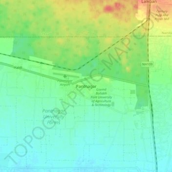 Mappa topografica Pantnagar, altitudine, rilievo