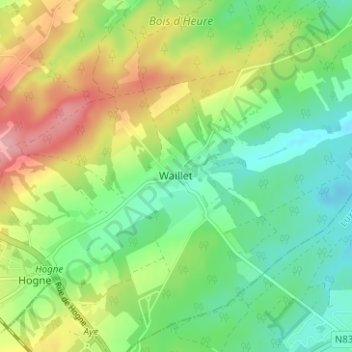Mappa topografica Waillet, altitudine, rilievo