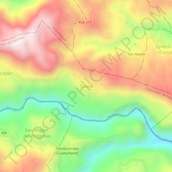 Mappa topografica Tuxtla, altitudine, rilievo