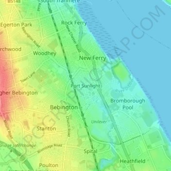 Mappa topografica Port Sunlight, altitudine, rilievo