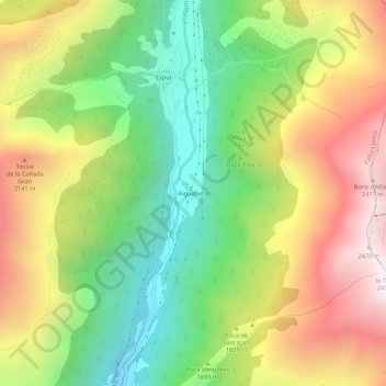 Mappa topografica Aiguabella, altitudine, rilievo