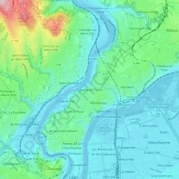 Mappa topografica Caluire-et-Cuire, altitudine, rilievo