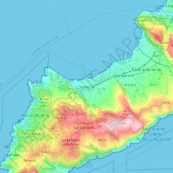 Mappa topografica Sorrento, altitudine, rilievo