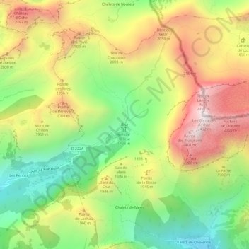 Mappa topografica Bise, altitudine, rilievo
