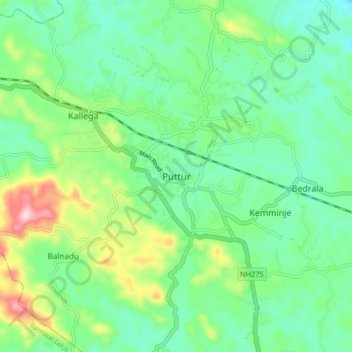 Mappa topografica Puttur, altitudine, rilievo