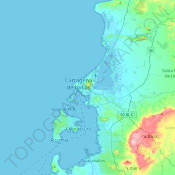 Mappa topografica Cartagena, altitudine, rilievo