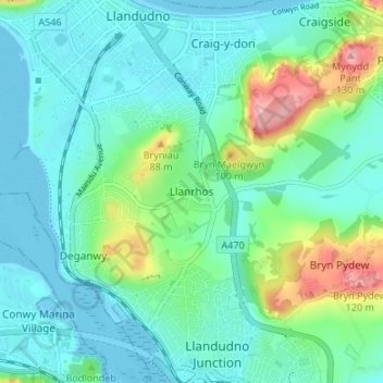 Mappa topografica Llanrhos, altitudine, rilievo