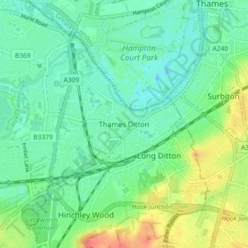 Mappa topografica Thames Ditton, altitudine, rilievo
