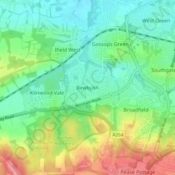 Mappa topografica Bewbush, altitudine, rilievo