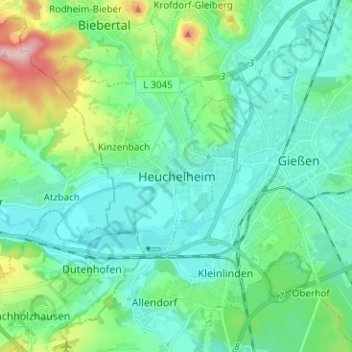 Mappa topografica Heuchelheim, altitudine, rilievo