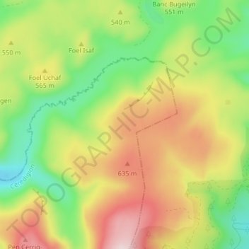 Mappa topografica Fuwch-wen-a-llo, altitudine, rilievo